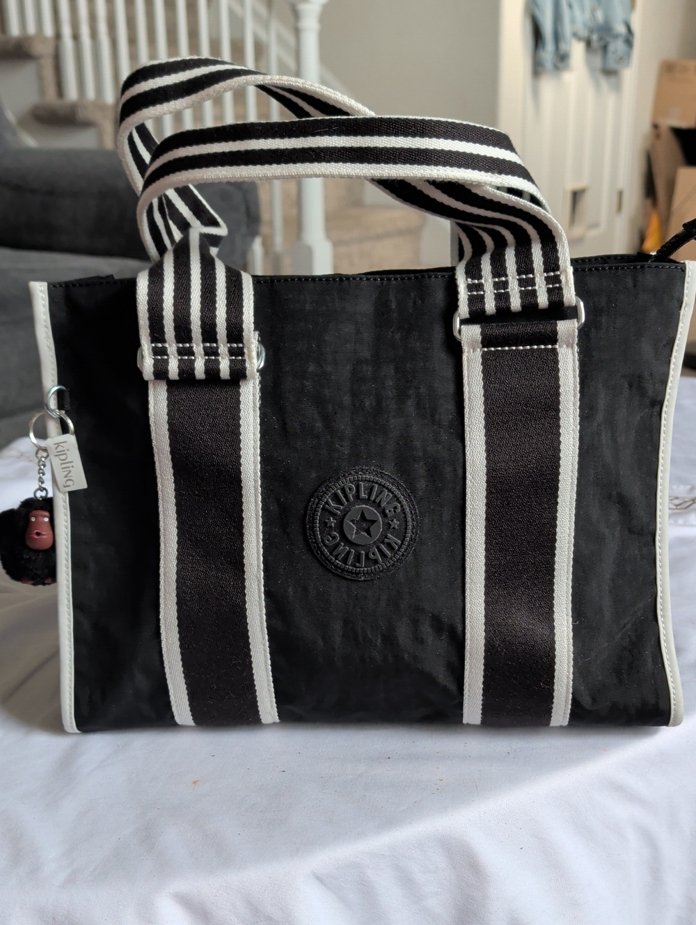 Kipling Black and White Striped Messenger Tote